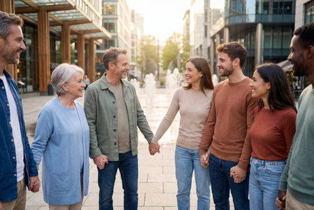 Diverse group of smiling men and women of different ages standing in a circle holding hands in a modern urban plaza during sunset to show unity and community support.の素材