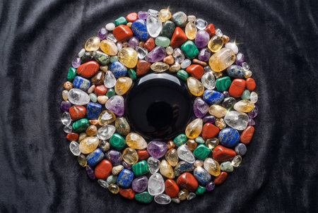 A vibrant collection of polished healing crystals and colorful gemstones arranged in a precise mandala circle around a large black stone on a dark velvet surface.の素材