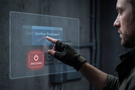 A serious bearded man wearing a tactical glove reaches out to press a red shutdown button on a transparent holographic interface inside a dark industrial room.の素材