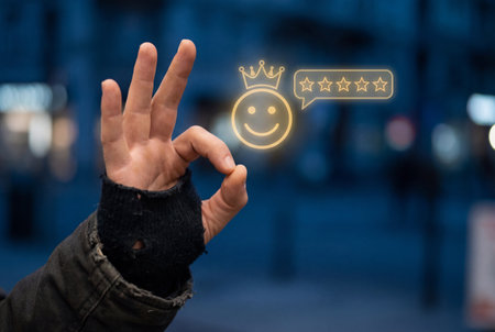 A closeup of a hand in a worn glove making an OK gesture next to a glowing digital smiley face with a crown and five stars indicating excellent customer satisfaction and high quality feedback.の素材