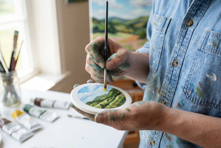 An artist with paint stained hands carefully paints a miniature mountain landscape on a small circular ceramic piece using a fine brush inside a sunlit workshop with art supplies in the backgroundの素材