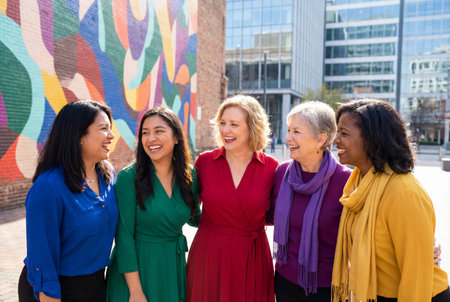 Five cheerful women of various ethnicities and ages stand together laughing and smiling outdoors in a city setting with a colorful mural and glass buildings in the bright sunny background.の素材