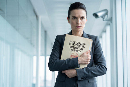 A stern corporate executive in a grey suit stands in a hallway clutching a restricted folder labeled top secret intellectual property while looking suspicious under a surveillance camera.の素材