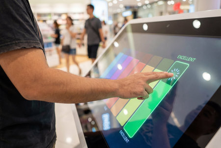A closeup view of a male hand touching the green excellent button on a large interactive digital screen to provide positive customer feedback and satisfaction rating in a public shopping center area.の素材