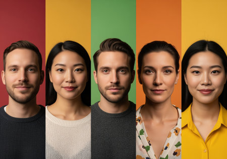 Visually striking modern graphic style composition featuring five diverse men and women in vertical panels against distinct colored backgrounds. Each person's head-and-shoulders portrait emphasizes individuality and diversityの素材