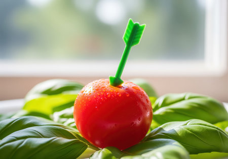 A perfectly round, red cherry tomato glistens with water droplets, featuring a tiny green plastic arrow precisely stuck in its center, set against fresh basil leaves, symbolizing precision and healthy eatingの素材