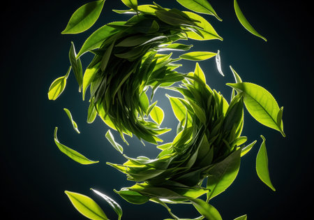 A dynamic collection of fresh green tea leaves swirls in a circular vortex formation while suspended in the air against a dark background with dramatic rim lighting highlighting the texture.の素材