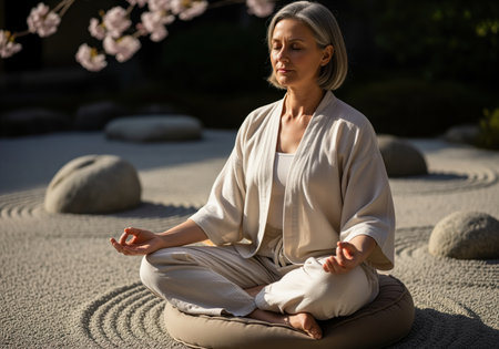 Serene woman in her 50s performing a seated meditation pose on a beige cushion in a Japanese zen garden, wearing a loose cream kimono style topの素材