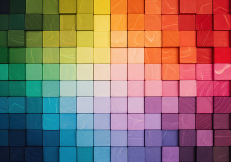 A high-resolution flat lay presents an abstract mosaic made of small, rectangular wooden blocks meticulously arranged to create a seamless rainbow color gradient, offering a vibrant, textured visualの素材