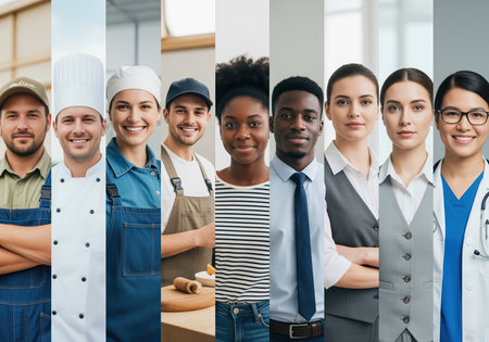 A panoramic banner displays a diverse group of smiling professionals including a chef, doctor, construction worker, and business people arranged in vertical strips representing various careers.の素材