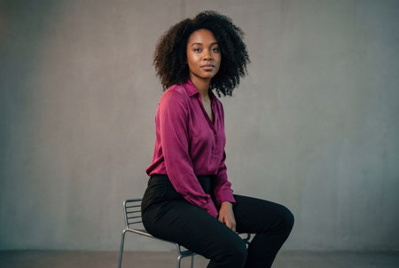 A young professional african american woman wears a purple blouse and black pants while sitting on a stool against a grey concrete wall and looking directly at the camera with a serious expression.の素材