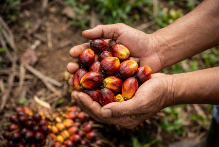 Hands holding fresh oil palm fruits in a field, highlighting sustainable agricultural practices and natural resources for food production and industry use worldwideの素材