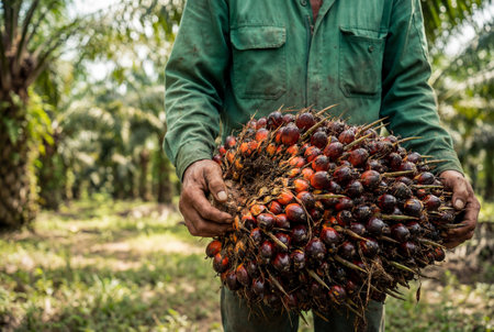 Farmer holding a fresh spiky palm oil fruit bunch in both hands highlighting the manual labor and harvesting process involved in palm oil production and agricultureの素材