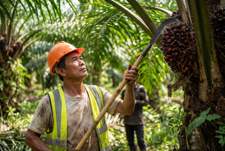 Senior Asian palm oil farmer in safety gear pruning palm fronds and harvesting palm oil fruit in a plantation, symbolizing hard work and dedication to sustainable agriculture practicesの素材