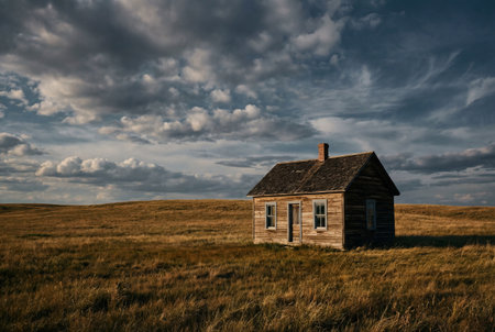 An isolated weathered wooden cabin sits alone amidst a vast rolling field of dry golden grass beneath a moody sky filled with heavy dramatic storm cloudsの素材