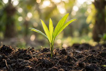 A delicate young green seedling rises from rich dark soil backlit by warm golden sunlight with a blurred natural forest setting and soft abstract bokeh.の素材