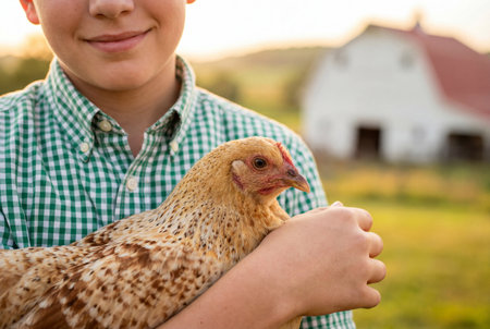 Young boy holding a speckled hen, wearing a green checkered shirt, on a farm with a white barn in the background, showcasing farming and animal care skillsの素材