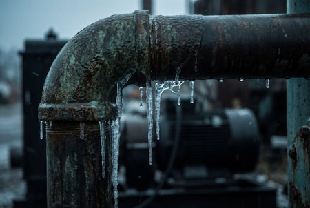 Frozen corroded metal pipe with icicles hanging during a severe winter storm, highlighting the effects of harsh weather conditions, outdoors in the coldの素材