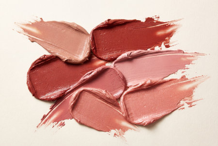 Top view flat lay of creamy makeup textures showing smears of lipstick and liquid foundation in nude pink and deep red colors isolated on a light surface.の素材
