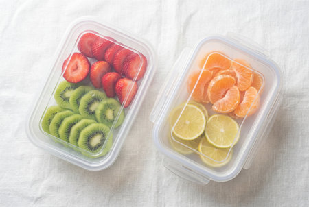 Two transparent plastic food storage containers sitting on a white linen tablecloth filled with neatly arranged slices of fresh strawberries, kiwi, mandarin oranges, and lemon for a healthy snack.の素材