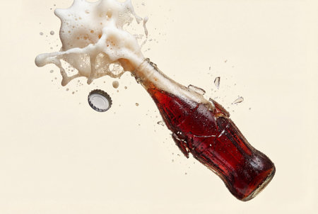 A dark red soda bottle explodes in mid-air, with a dramatic gush of white foam erupting from its neck and the silver cap suspended in the air against a neutral backgroundの素材