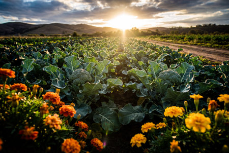 A wide agricultural field filled with vibrant green broccoli plants under a dramatic sunset sky, featuring distant mountains and a dirt path, with bright flowers in the foreground.の素材