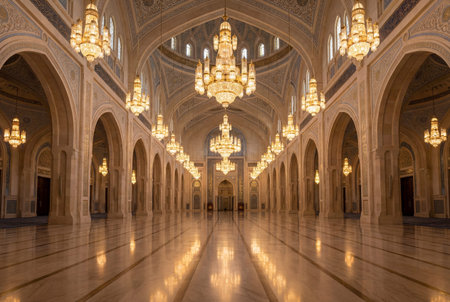 Majestic interior hall showcasing intricate islamic geometric patterns on high vaulted ceilings and rows of ornate chandeliers reflecting on the smooth marble flooring.の素材