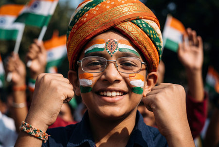 An enthusiastic Indian boy with his face vibrantly painted in the colors of the Indian flag smiles broadly, celebrating national pride and unityの素材