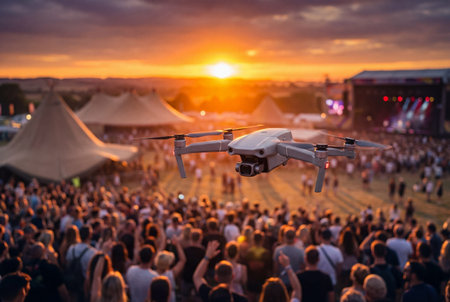 Breathtaking aerial view captured by a drone hovering above a massive, enthusiastic crowd gathered at an outdoor music festival during a spectacular sunset, showcasing entertainmentの素材