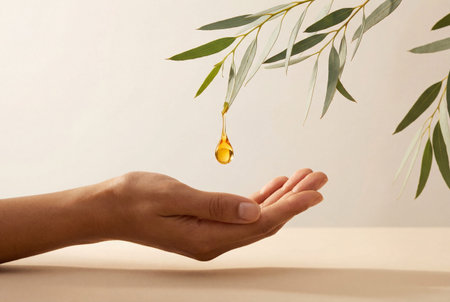 A gracefully captured single, golden drop of essential oil cascades from a fresh eucalyptus branch with light green leaves onto an open woman's hand, set against a subtle, light backgroundの素材