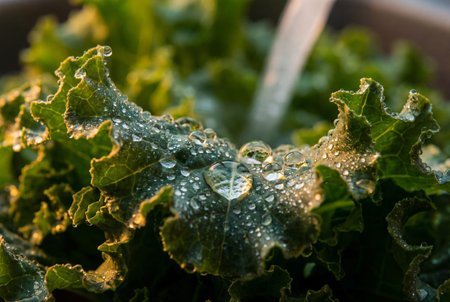 A close up macro view of a fresh vibrant green kale leaf covered in numerous sparkling water droplets with clear reflections under natural light, emphasizing freshness and hydration.の素材