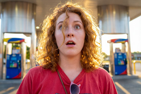 A young woman with red curly hair displays a shocked expression with wide open eyes and mouth, illuminated by golden sunlight with gas pumps visible in the blurred background.の素材