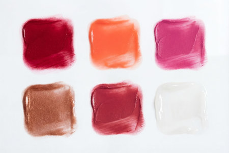 This flat lay macro shows six individual square swatches of lipstick and lip balm textures with subtly rounded corners, arranged in a slightly offset patternの素材