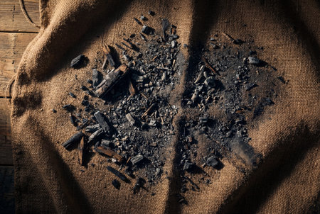 Dark grey ashes and small chunks of burnt charcoal wood lie scattered across the rough texture of a coarse brown burlap sackcloth fabric illuminated by dramatic directional lighting from the side.の素材