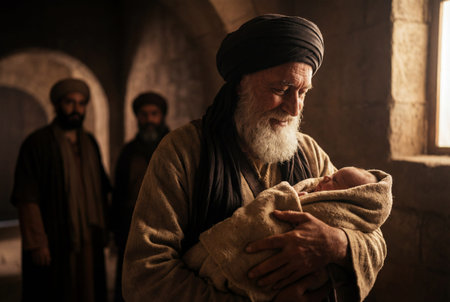 An elderly man with a long white beard and traditional turban smiles gently while holding a swaddled newborn baby in a stone room with warm light and two blurred figures standing in the background.の素材