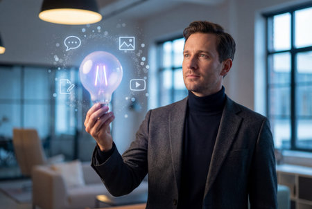 A focused creative professional stands in a modern office holding a glowing light bulb surrounded by holographic digital media icons representing innovation and content strategy.の素材