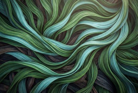 This detailed illustration showcases an abstract, organic pattern reminiscent of an oil palm plantation, composed of flowing, intertwining streams of vivid emerald green and brownの素材