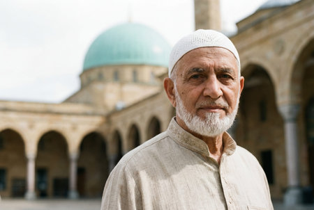 A distinguished elderly man with a prominent white beard wearing traditional light beige attire and a white cap stands near a mosque with a green dome in the backgroundの素材