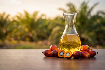 A clear glass carafe filled with golden palm oil stands next to a pile of fresh red palm fruits on a wooden surface with a blurred palm plantation background during a warm sunset.の素材