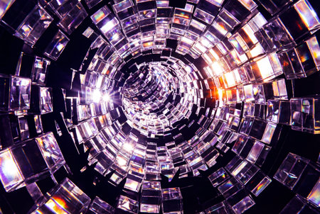 An abstract, worm's eye view up into a seemingly endless, crystalline tunnel formed by intricately arranged clear glass blocks, reflecting light with purple and pink hues, creating a dazzling optical illusionの素材