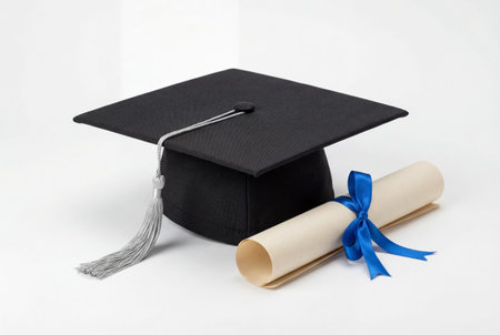 A black mortarboard with a silver tassel sits beside a rolled parchment diploma tied with a blue satin ribbon isolated on clean white symbolizing academic success and achievement.の素材
