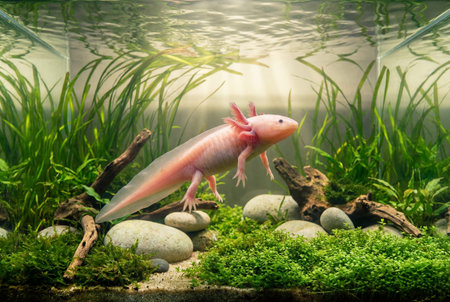 Pink axolotl with feathery gills swims gracefully through a lush green aquarium filled with dense plants, driftwood, rocks, and clear water, highlighting its translucent body and unique features in a natural underwater settingの素材