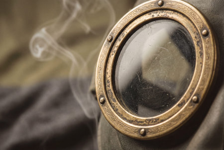 A detailed close up shows the round brass eyepiece of an old gas mask with scratched glass and wisps of smoke in the background, highlighting its intricate design and aged texture.の素材