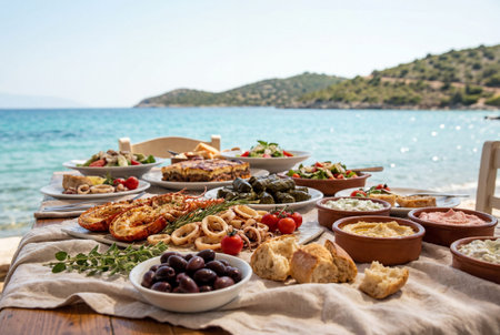 Grilled lobster tails and calamari served on rustic wooden tables during a seaside feast in Greece featuring fresh salads olives bread and dips overlooking the sea and hillsの素材