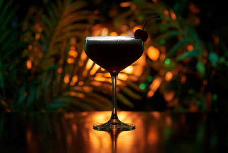 An elegant backlit cocktail glass with a cherry garnish stands on a reflective surface, silhouetted against a vibrant, blurred tropical foliage background with warm and cool light.の素材