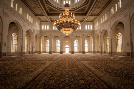 Grand rectangular interior of a majestic mosque displays a central multi tiered golden chandelier with crystal tiers suspended above a long carpeted hall flanked by tall arched windows and white marble arches creating a symmetrical prayer spaceの素材