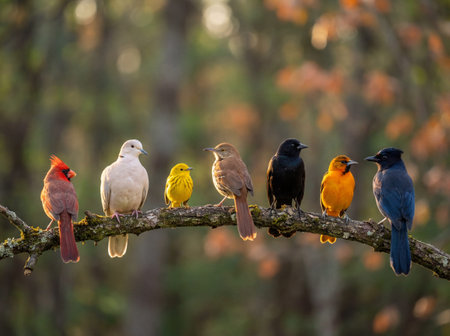 Seven diverse birds including cardinal dove and jay perch side by side on a horizontal mossy branch against a soft blurred background of green and brown forest leaves.の素材