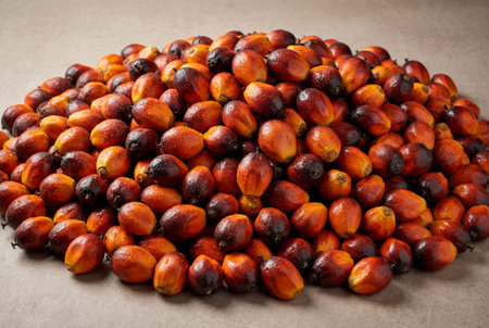 Bountiful pile of ripe palm oil fruits in deep orange rich red and dark reddish black shades tightly packed together on a smooth surface emphasizing abundance and freshness for agricultural and food production purposesの素材