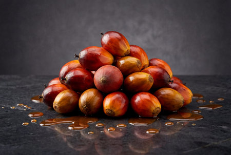Pile of fresh ripe palm fruits shows vibrant reddish orange hues with one fruit slightly damaged arranged meticulously to highlight natural texture and color variation for agricultural and food industry useの素材