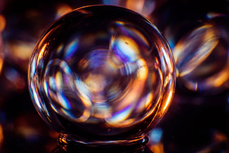 A transparent spherical object captured in an extreme macro close up, displaying vibrant light refraction, abstract distortion, and colorful bokeh effects.の素材